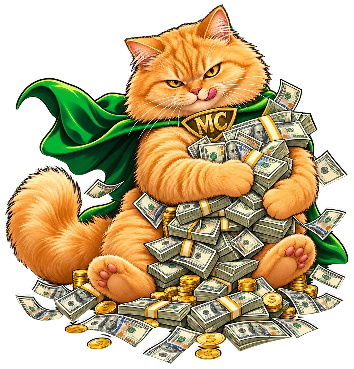 Market Cat sitting with a pile of money